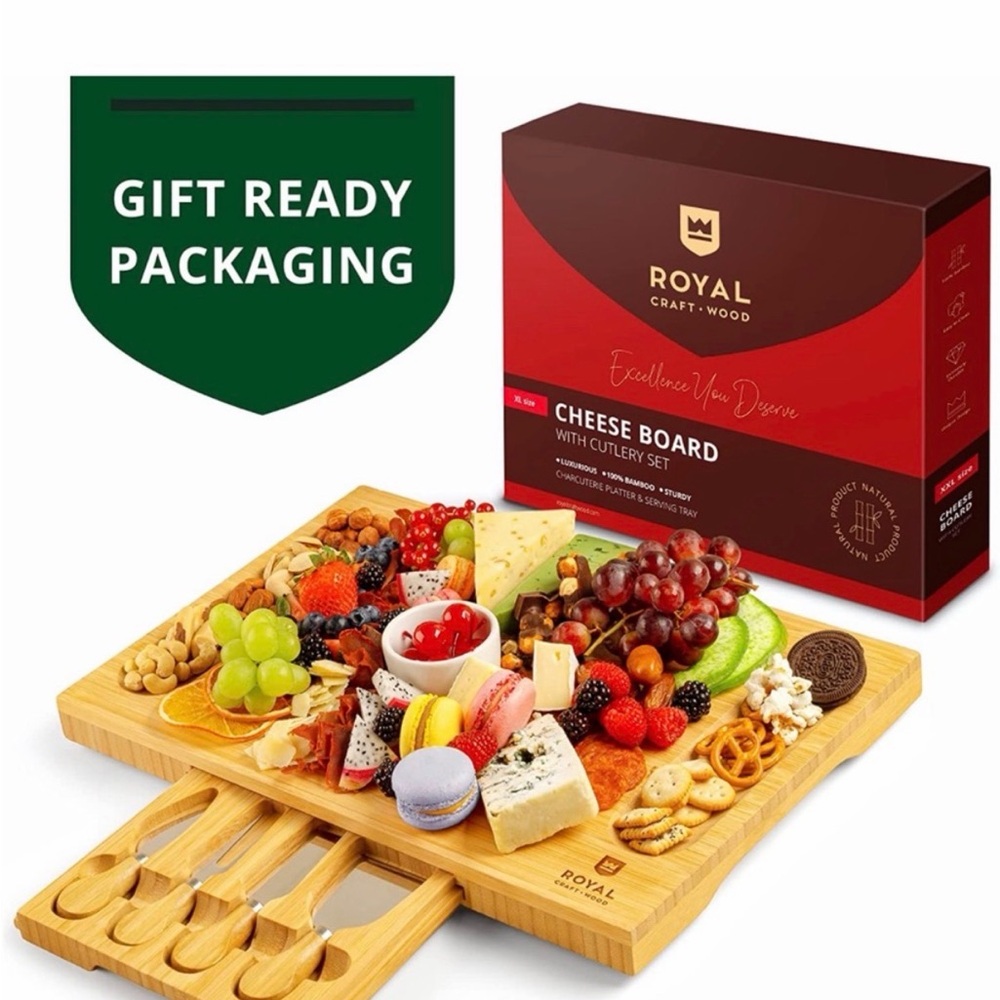 New in box Royal Craft Wood Cheese Board with Cutlery Set